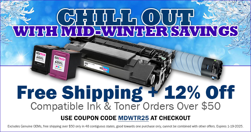 Get Free Shipping plus 12% Off on Remanufactured and Compatible Ink & Toner Cartridge Orders Over $50 (excludes OEMs).