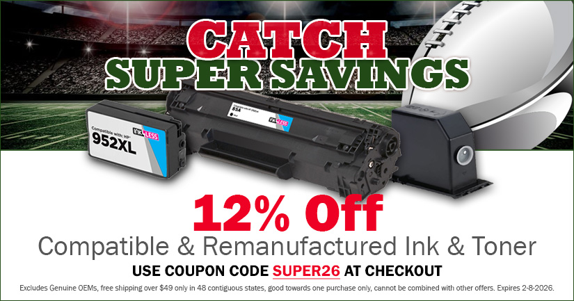 Save 12% on Remanufactured and Compatible Ink & Toner Cartridges (excludes OEMs)