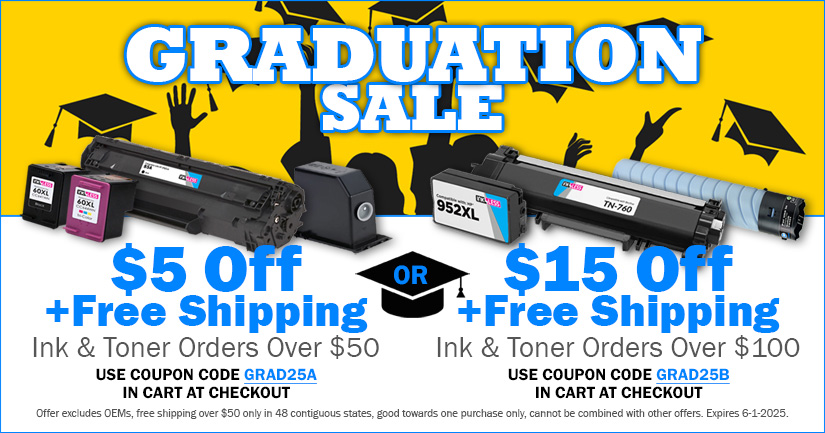 Get $5 Off + Free Shipping on Ink & Toner Orders Over $50, or $15 Off + Free Shipping on Printer Cartridge Orders Over $100 (excludes OEMs)